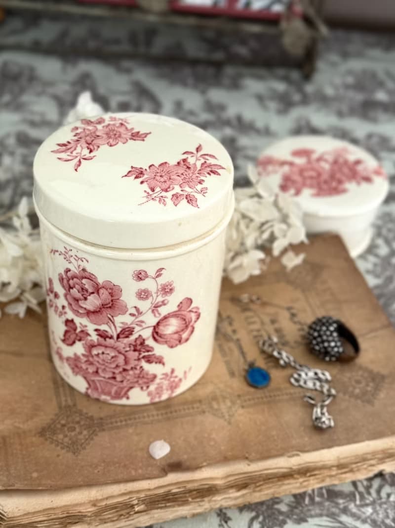 40711-典雅古董Royal Staffordshire 粉色花飾瓷器收納罐