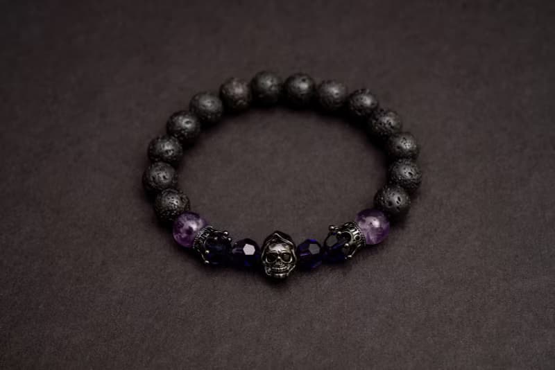 (天然石水晶手鍊)(骷髏頭系列手鍊)火山岩x夢幻紫晶手鍊