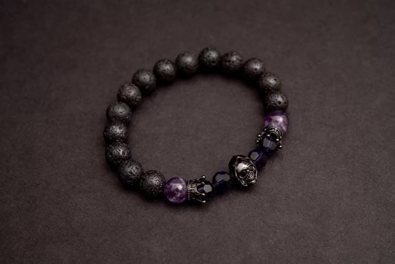 (天然石水晶手鍊)(骷髏頭系列手鍊)火山岩x夢幻紫晶手鍊