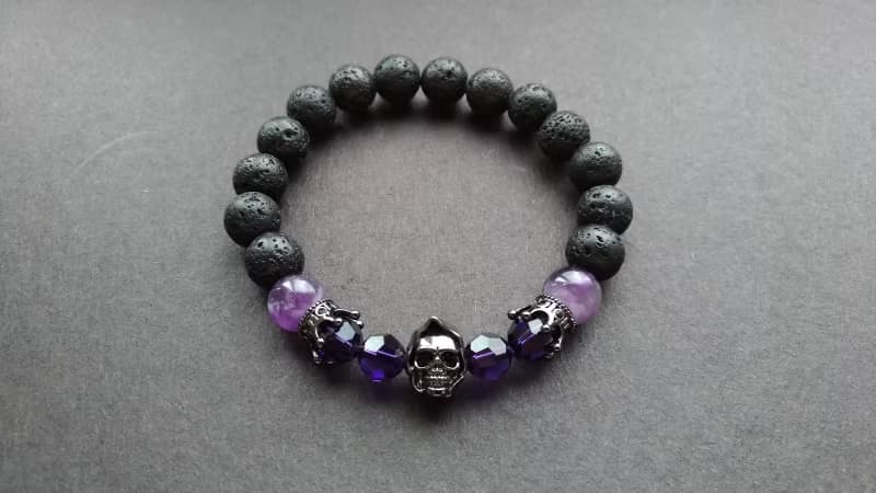 (天然石水晶手鍊)(骷髏頭系列手鍊)火山岩x夢幻紫晶手鍊