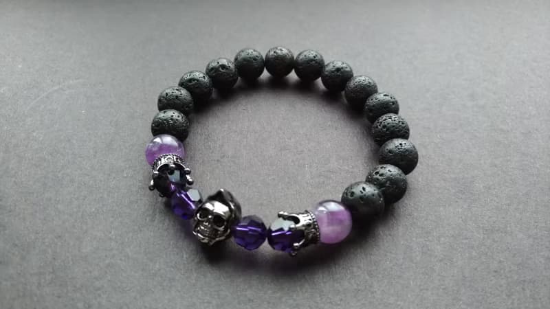 (天然石水晶手鍊)(骷髏頭系列手鍊)火山岩x夢幻紫晶手鍊