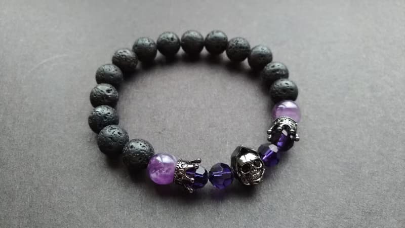 (天然石水晶手鍊)(骷髏頭系列手鍊)火山岩x夢幻紫晶手鍊