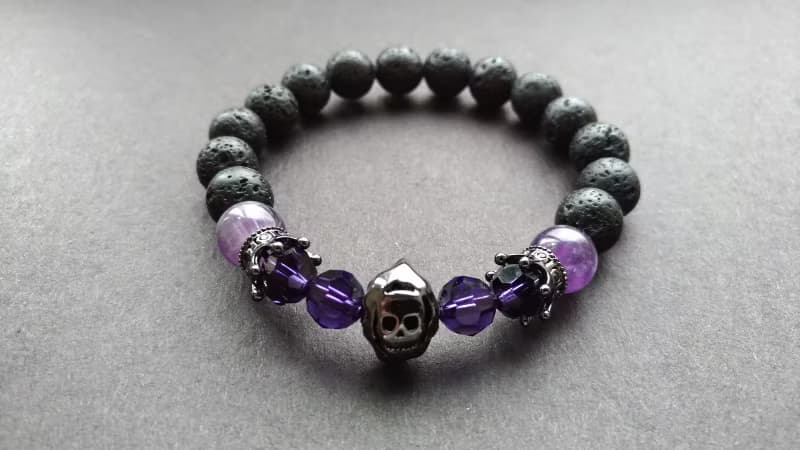 (天然石水晶手鍊)(骷髏頭系列手鍊)火山岩x夢幻紫晶手鍊