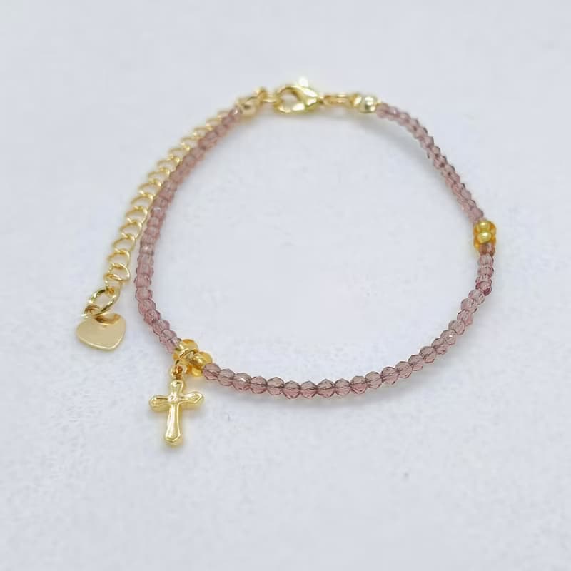 天然極細切割紫水晶包14K金十字架手鍊/信仰