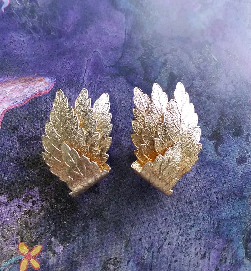 Vintage Jewelry 西洋古董飾品 層疊 對稱 金色葉子 夾式耳環