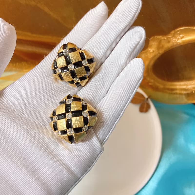 【西洋古董飾品】1960 Gem-craft華麗掐絲紋琺瑯 閃耀 耳環耳夾