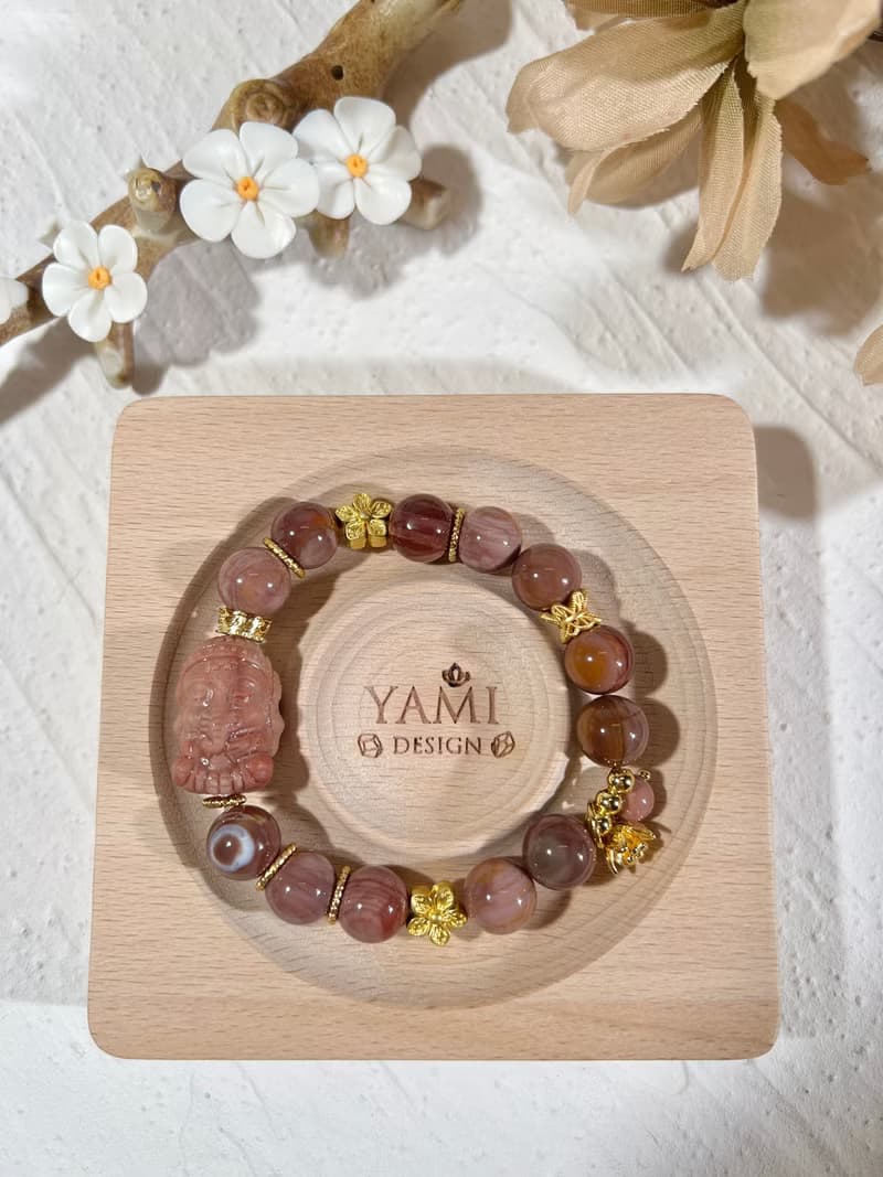 阿拉善 瑪瑙 千層乾枯玫瑰色調 手珠 手鍊 串珠 象神 智慧