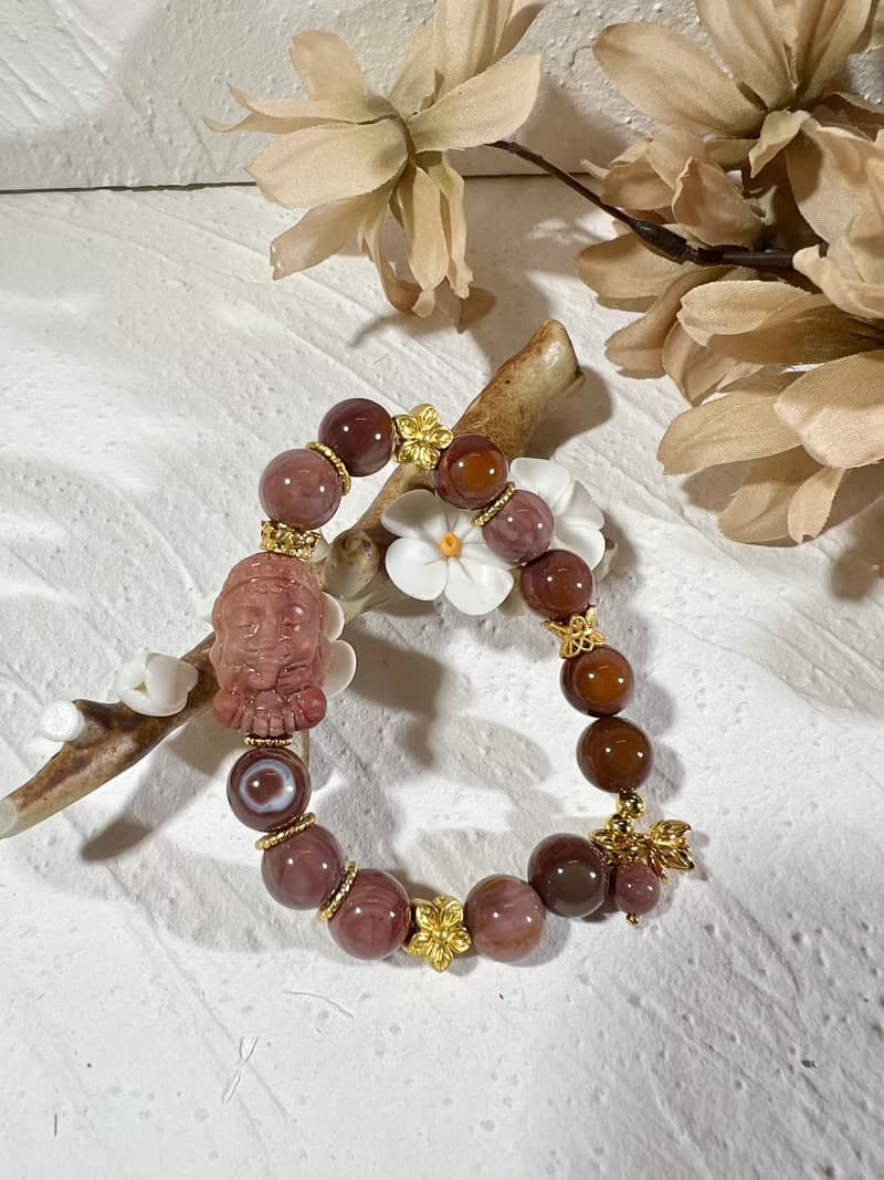 阿拉善 瑪瑙 千層乾枯玫瑰色調 手珠 手鍊 串珠 象神 智慧