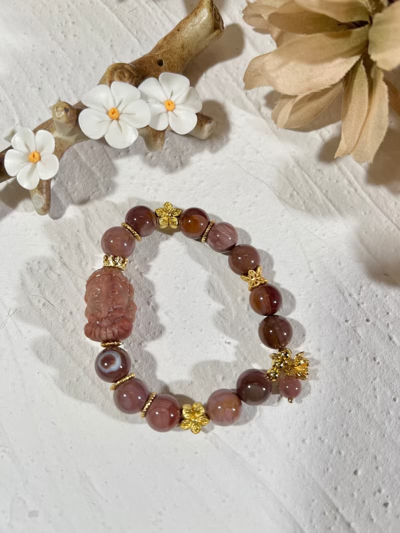 阿拉善 瑪瑙 千層乾枯玫瑰色調 手珠 手鍊 串珠 象神 智慧