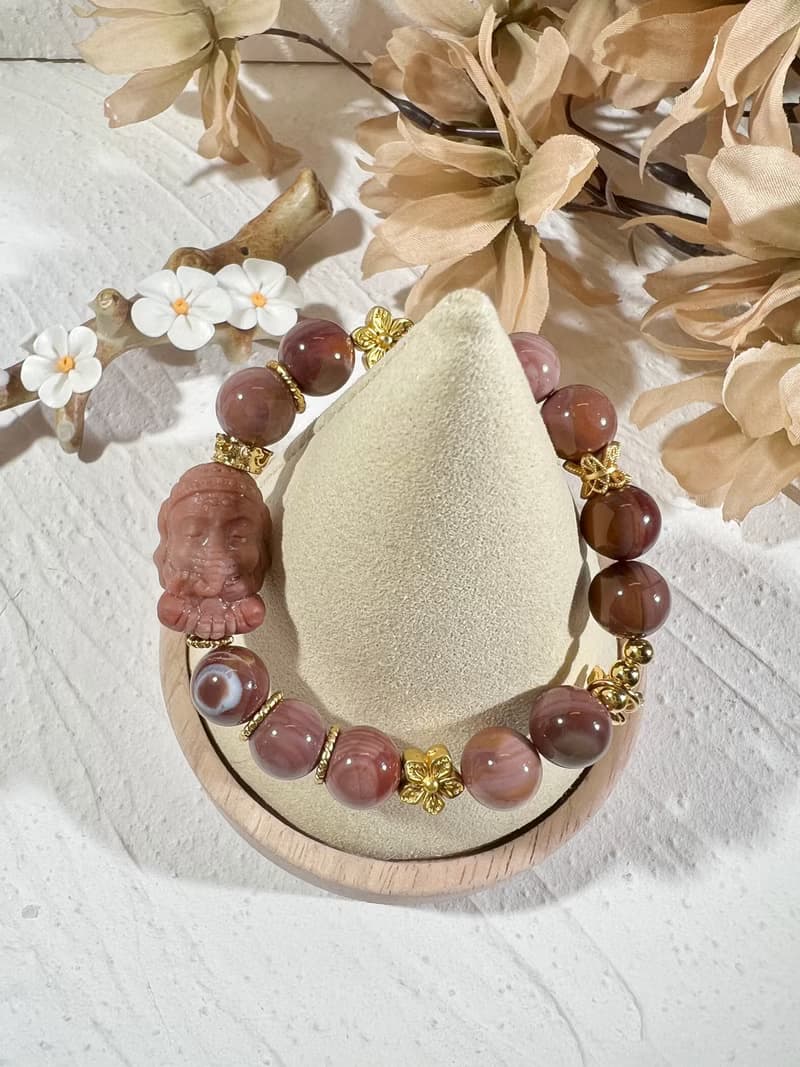 阿拉善 瑪瑙 千層乾枯玫瑰色調 手珠 手鍊 串珠 象神 智慧