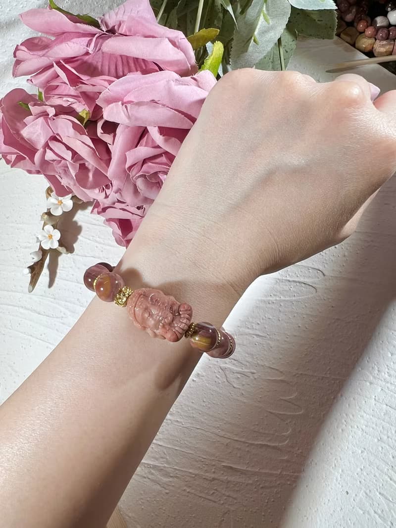 阿拉善 瑪瑙 千層乾枯玫瑰色調 手珠 手鍊 串珠 象神 智慧