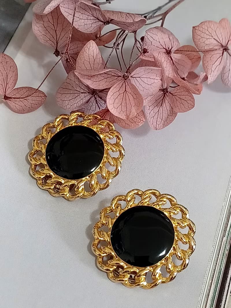 vintage jewelry  典雅華麗黑琺瑯金結環 夾式耳環