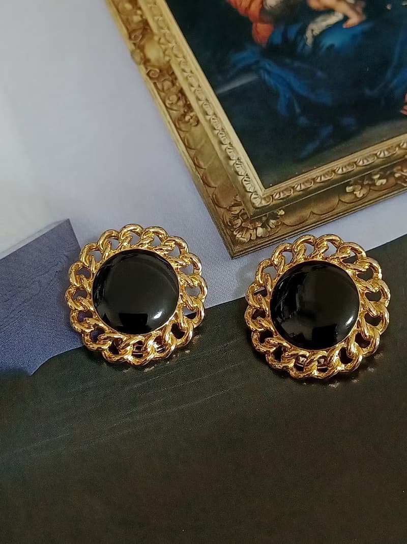 vintage jewelry  典雅華麗黑琺瑯金結環 夾式耳環