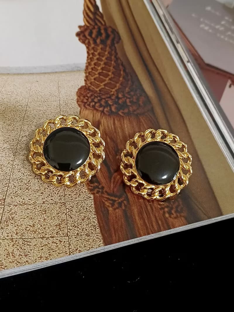 vintage jewelry  典雅華麗黑琺瑯金結環 夾式耳環