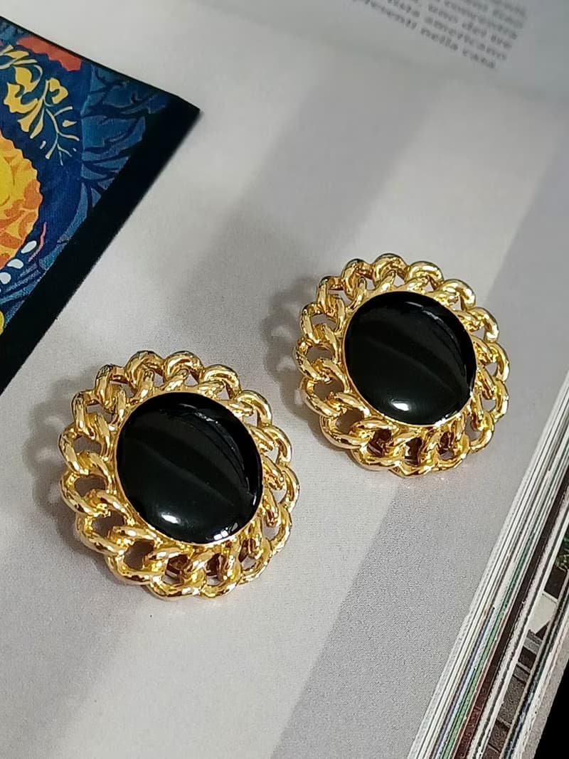 vintage jewelry  典雅華麗黑琺瑯金結環 夾式耳環