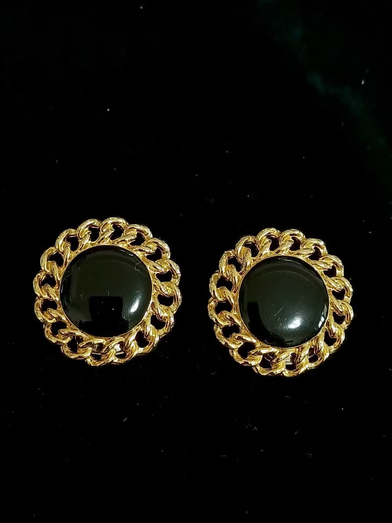 vintage jewelry  典雅華麗黑琺瑯金結環 夾式耳環