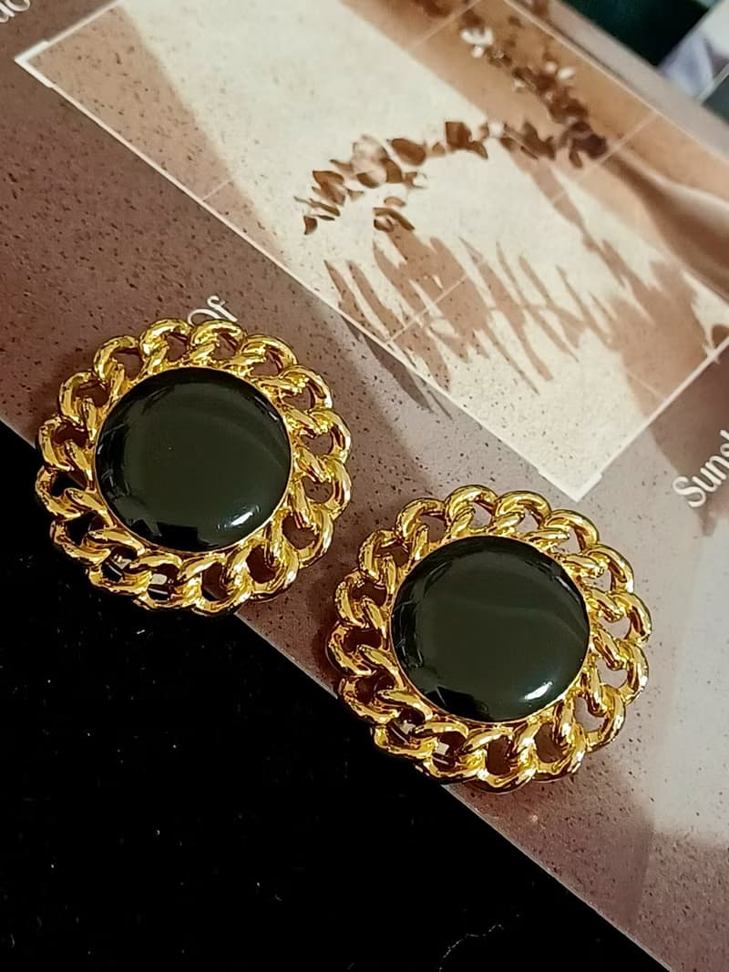 vintage jewelry  典雅華麗黑琺瑯金結環 夾式耳環