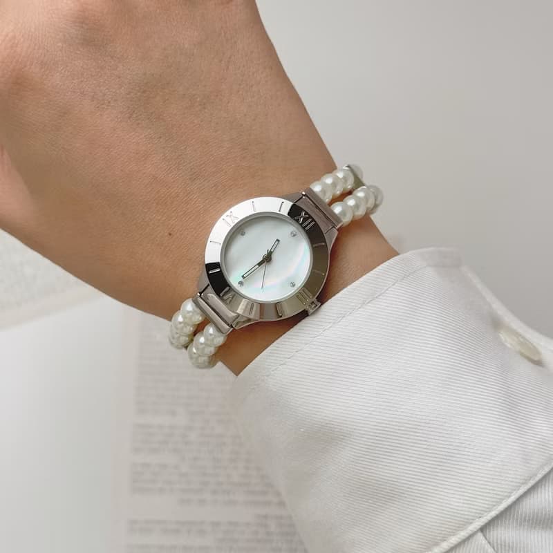 Avon Silver Tone With Faux Pearl Bracelet Watch