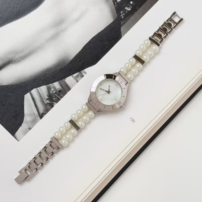 Avon Silver Tone With Faux Pearl Bracelet Watch