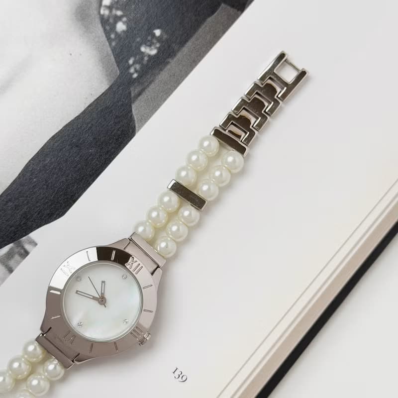 Avon Silver Tone With Faux Pearl Bracelet Watch