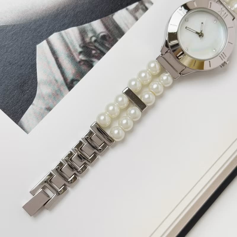Avon Silver Tone With Faux Pearl Bracelet Watch