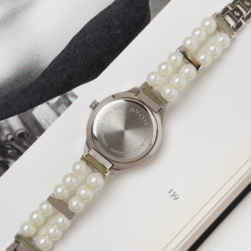 Avon Silver Tone With Faux Pearl Bracelet Watch
