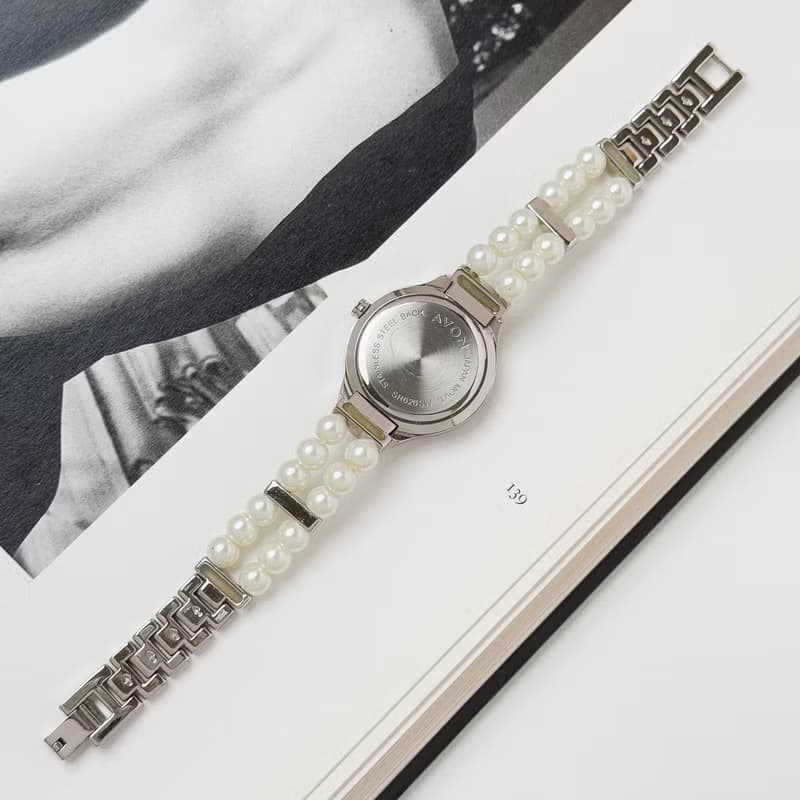 Avon Silver Tone With Faux Pearl Bracelet Watch