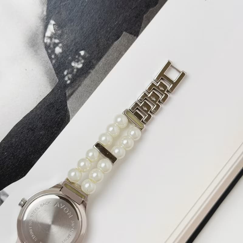 Avon Silver Tone With Faux Pearl Bracelet Watch