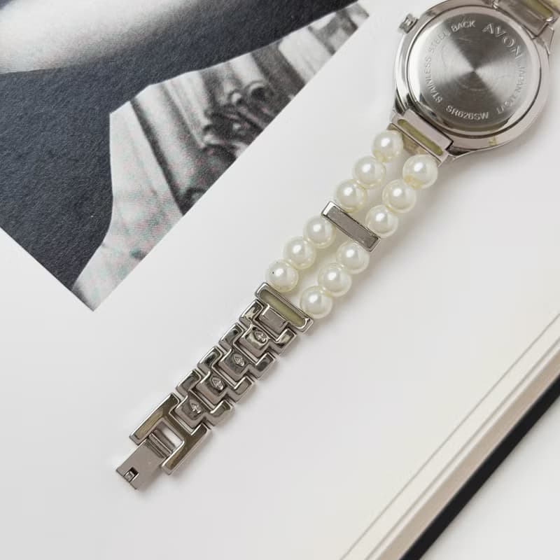Avon Silver Tone With Faux Pearl Bracelet Watch
