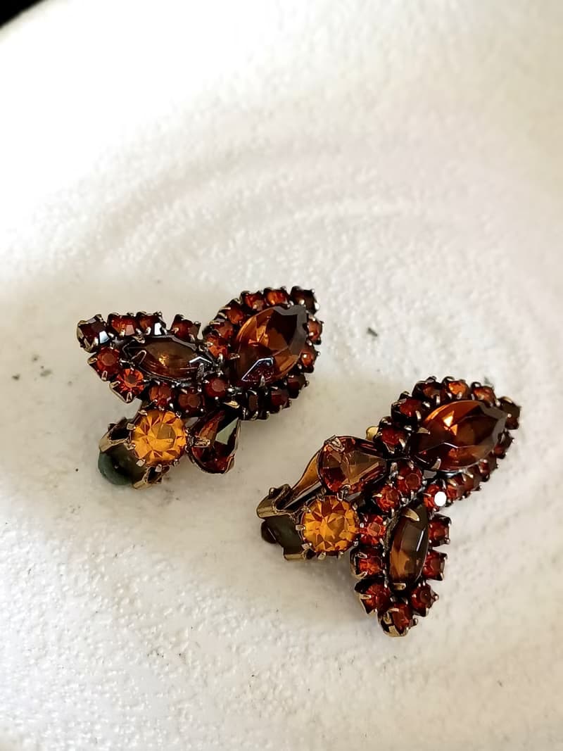 vintage jewelry 古董琥珀色萊茵鑽花卉 夾式耳環