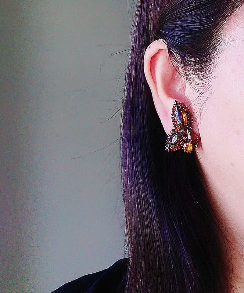 vintage jewelry 古董琥珀色萊茵鑽花卉 夾式耳環