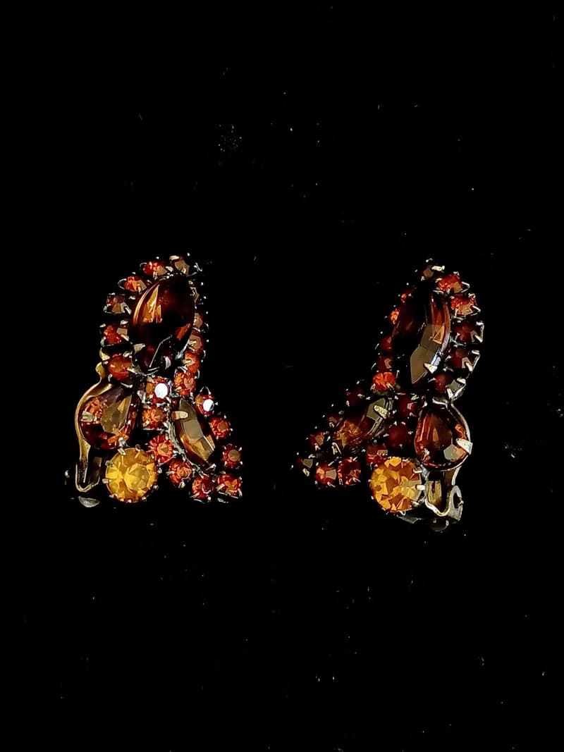 vintage jewelry 古董琥珀色萊茵鑽花卉 夾式耳環