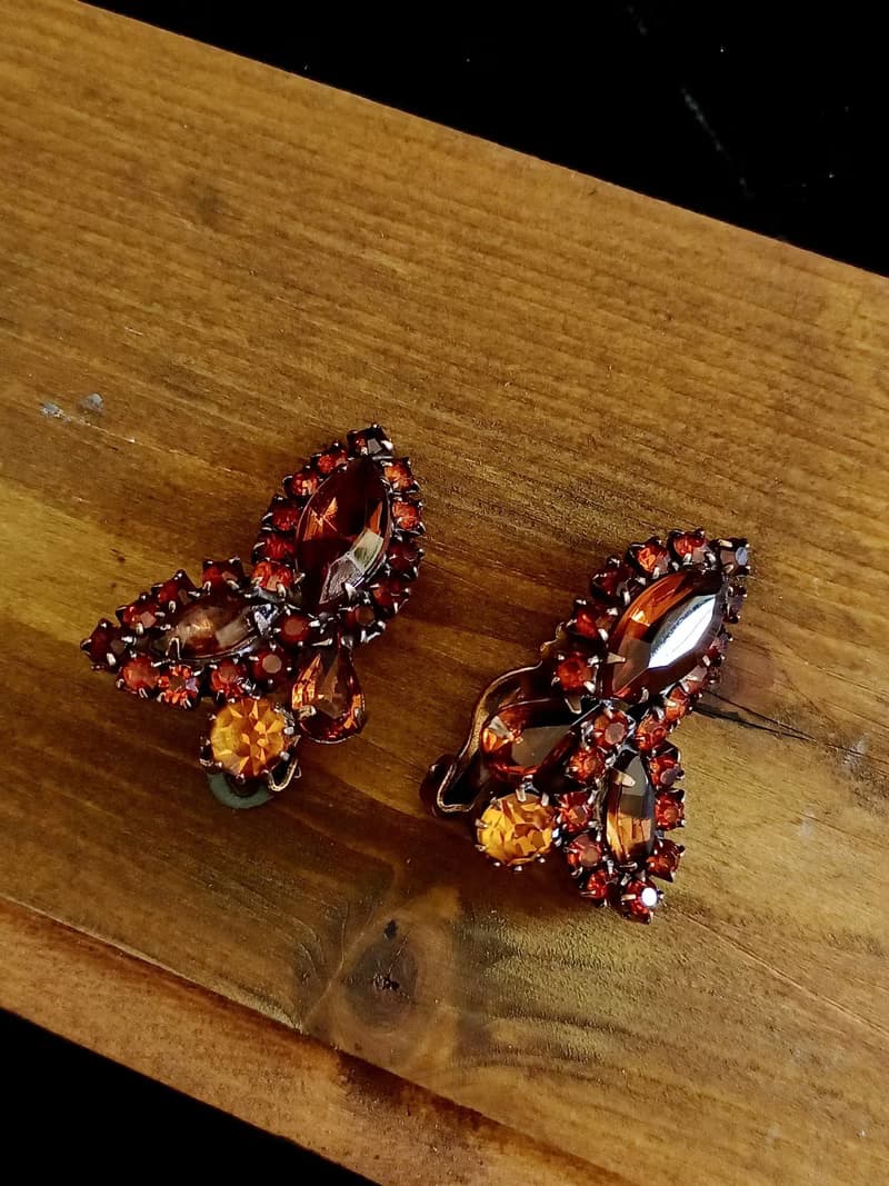 vintage jewelry 古董琥珀色萊茵鑽花卉 夾式耳環