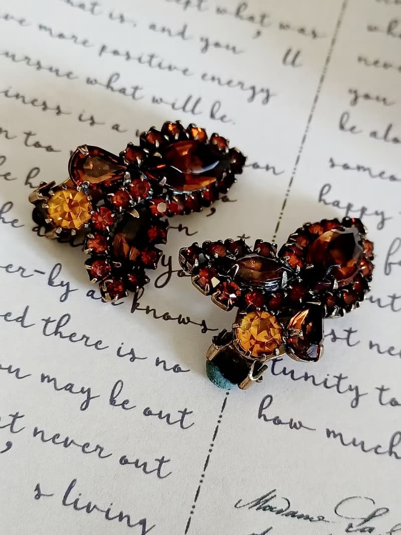 vintage jewelry 古董琥珀色萊茵鑽花卉 夾式耳環