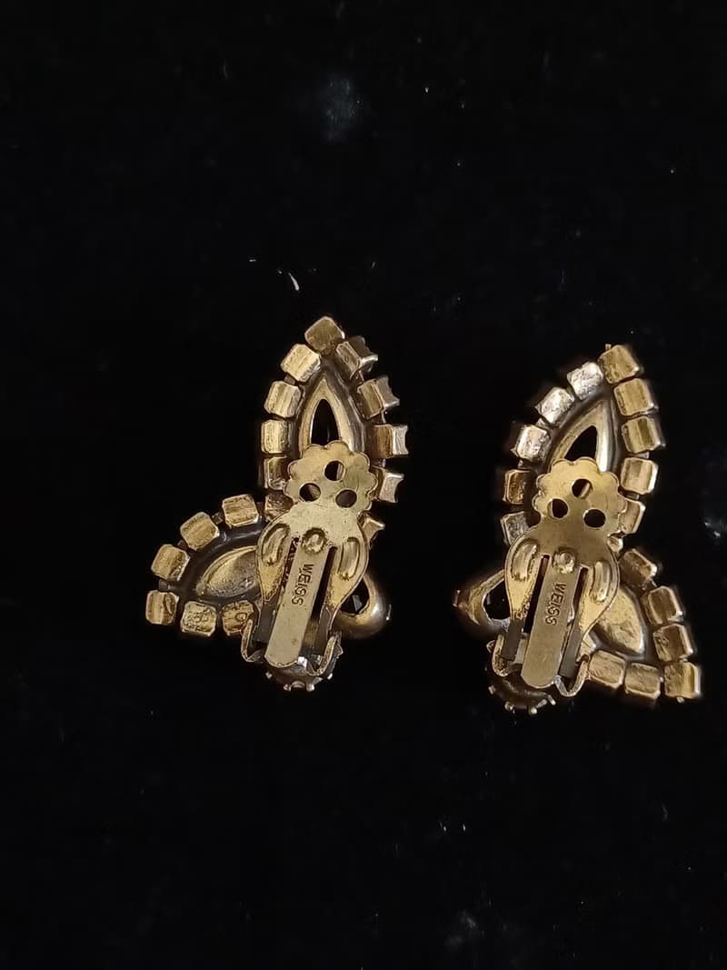 vintage jewelry 古董琥珀色萊茵鑽花卉 夾式耳環