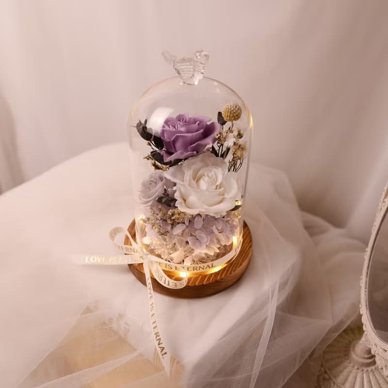 【情懷】Purple紫 永生花 玫瑰 LED 玻璃罩 夜燈 情人節 生日紀念