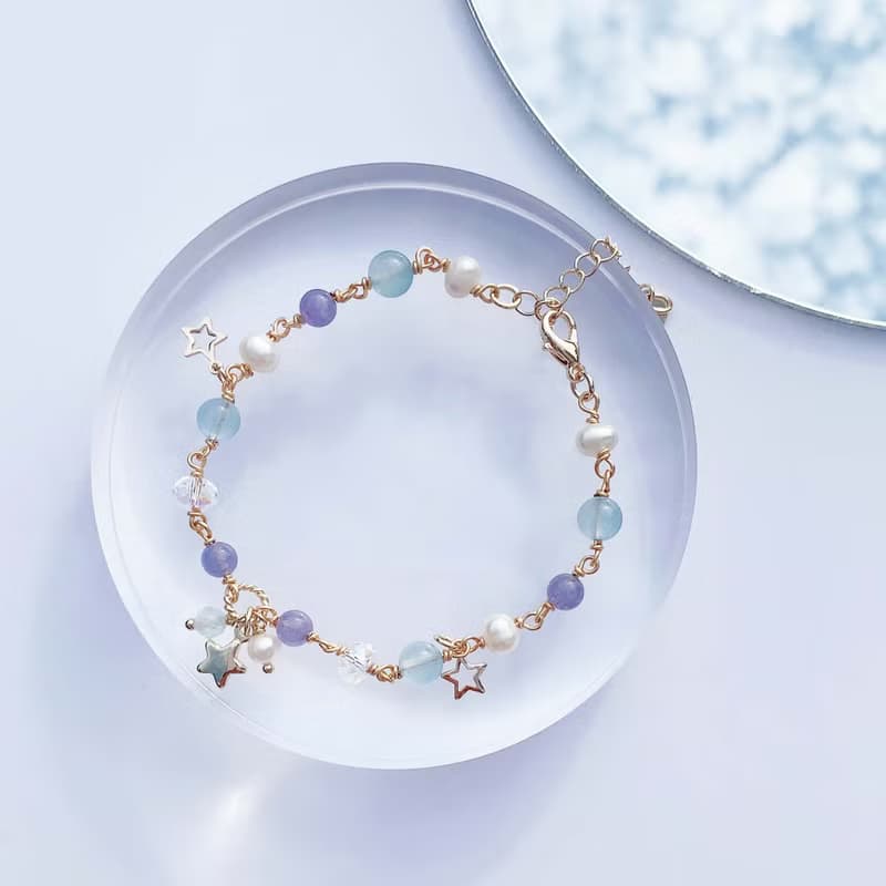 坦桑石 海藍寶 淡水珍珠 14k包金 手工繞線 天然水晶手鍊