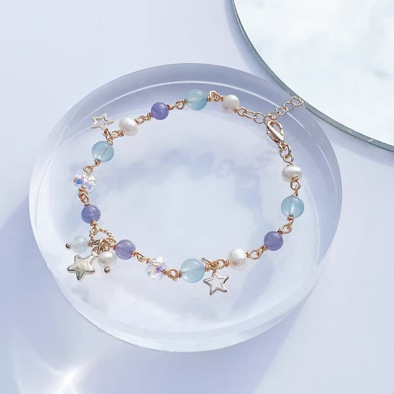 坦桑石 海藍寶 淡水珍珠 14k包金 手工繞線 天然水晶手鍊