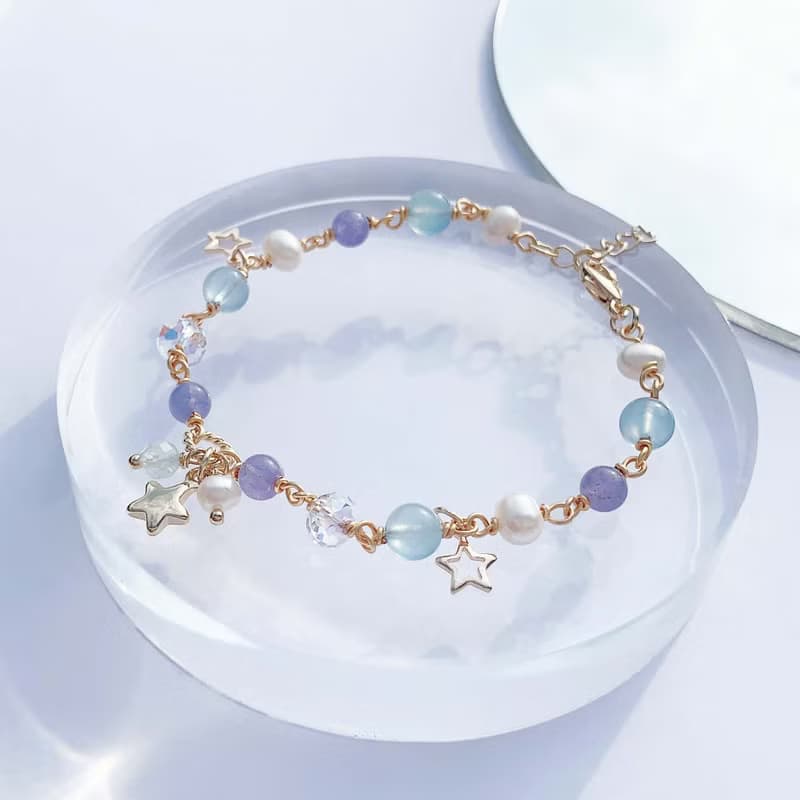 坦桑石 海藍寶 淡水珍珠 14k包金 手工繞線 天然水晶手鍊