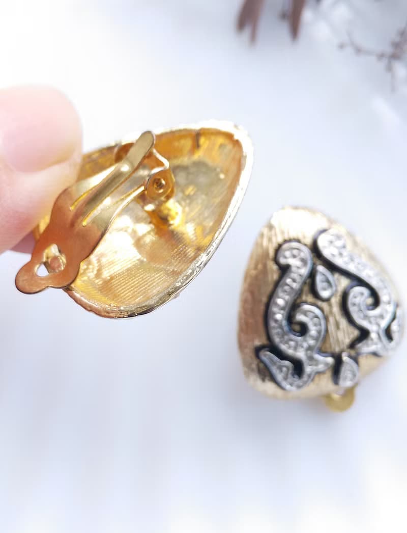 【西洋古董飾品 】摩登 金銀色調 黑琺瑯 復古夾式耳環