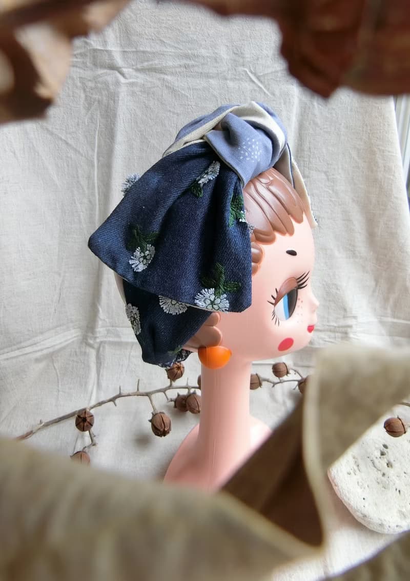 小雛菊刺繡 拼布 寬版髮帶