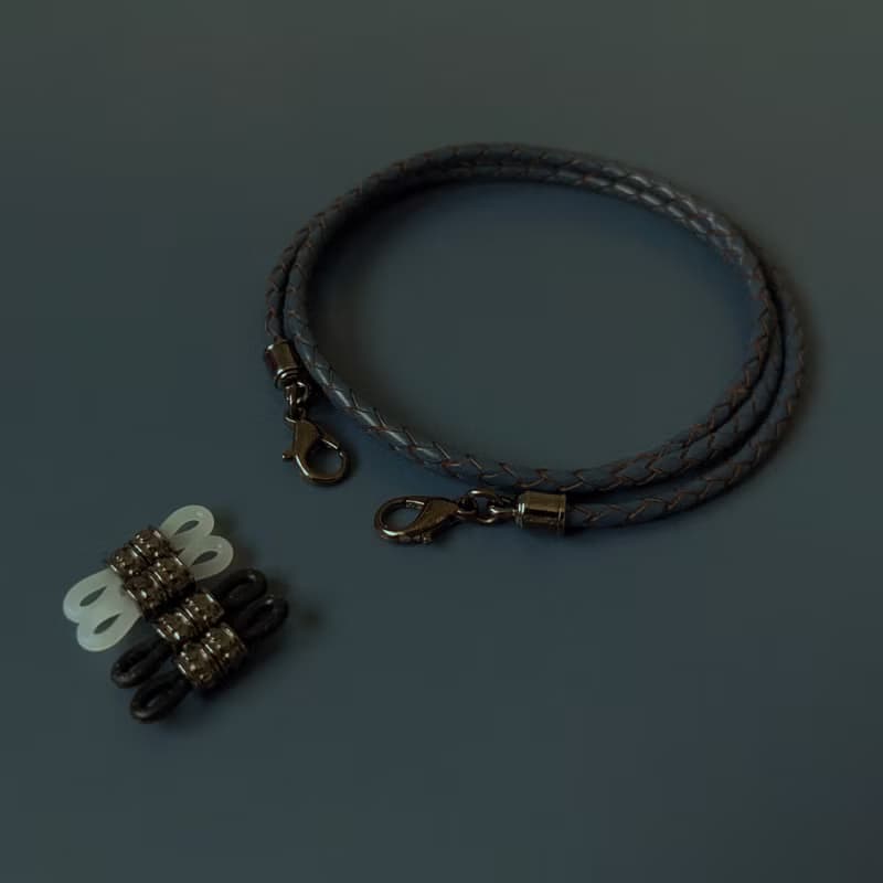 3mm 石油藍編織皮繩 黑鈦銀扣件 眼鏡鍊 口罩鍊