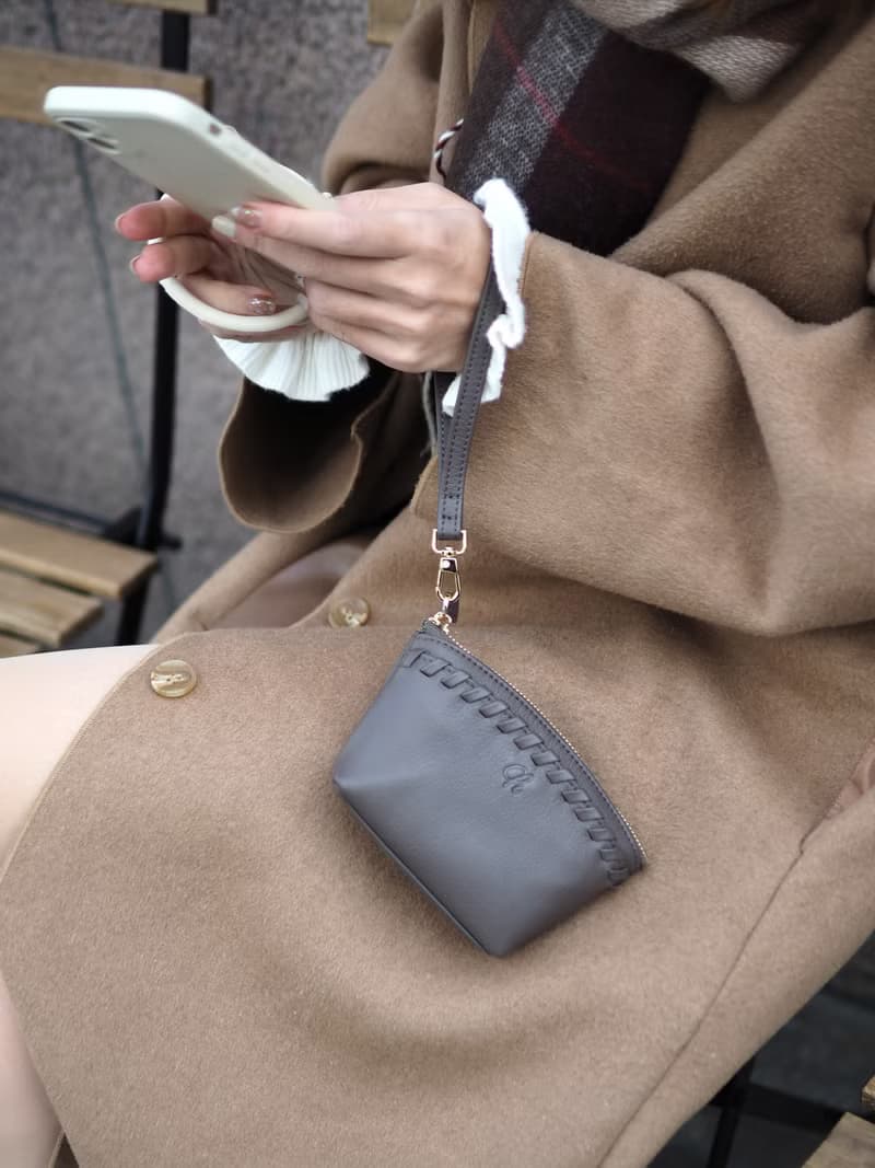 Pie (Ash grey) :  Multi-purpose bag, Leather wallet, pouch , Soft leather