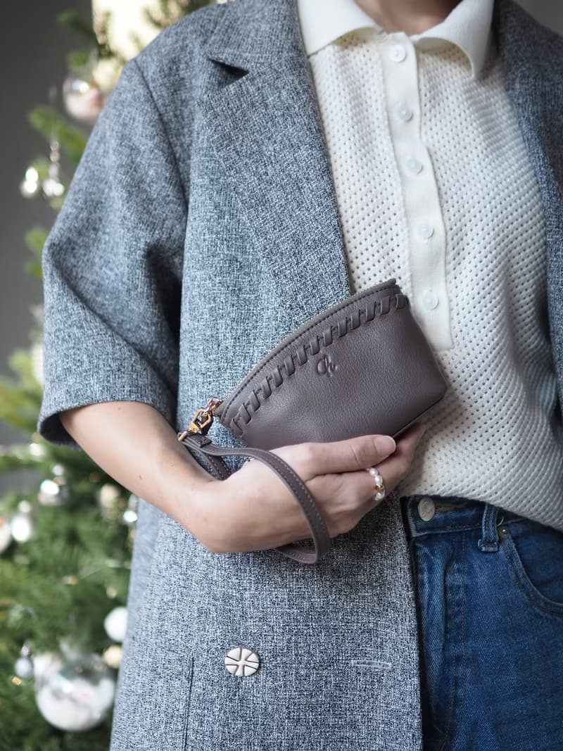 Pie (Ash grey) :  Multi-purpose bag, Leather wallet, pouch , Soft leather