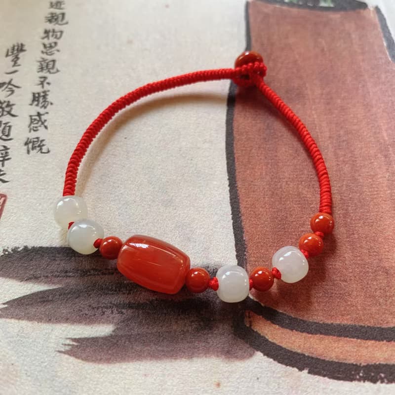 賀歲踏燈。天然南紅桶珠復古編織手鏈 和田玉 玉石 新年文藝手繩