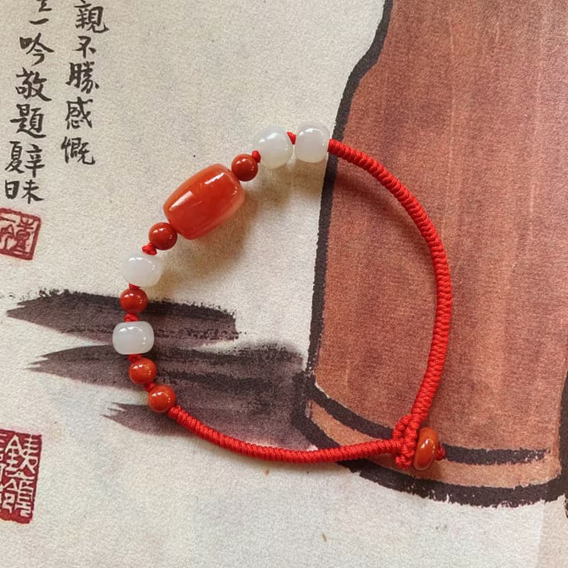 賀歲踏燈。天然南紅桶珠復古編織手鏈 和田玉 玉石 新年文藝手繩