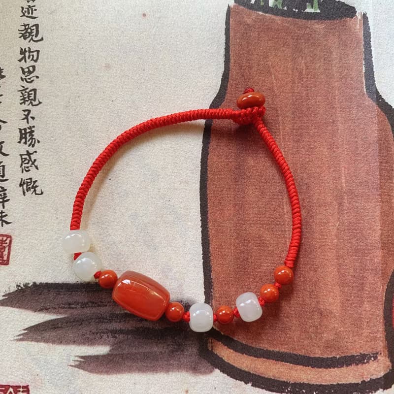 賀歲踏燈。天然南紅桶珠復古編織手鏈 和田玉 玉石 新年文藝手繩