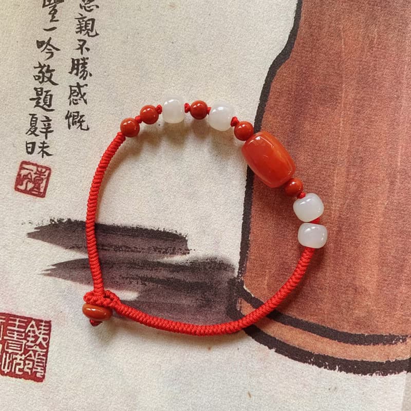 賀歲踏燈。天然南紅桶珠復古編織手鏈 和田玉 玉石 新年文藝手繩