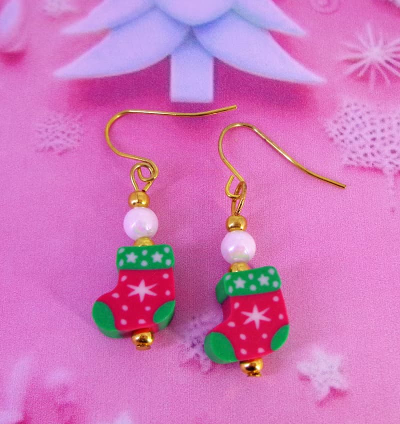 Handcrafted Christmas-Themed in Red Sock Stock shaped Dangle Earrings