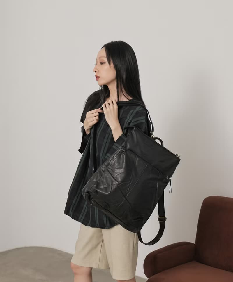 supportingrole 輕量羊皮都市休閒真皮肩後背2用包 黑